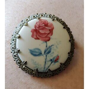 Vintage hand painted victorian inspired rose brooch, silvertone and Acrylic, mad